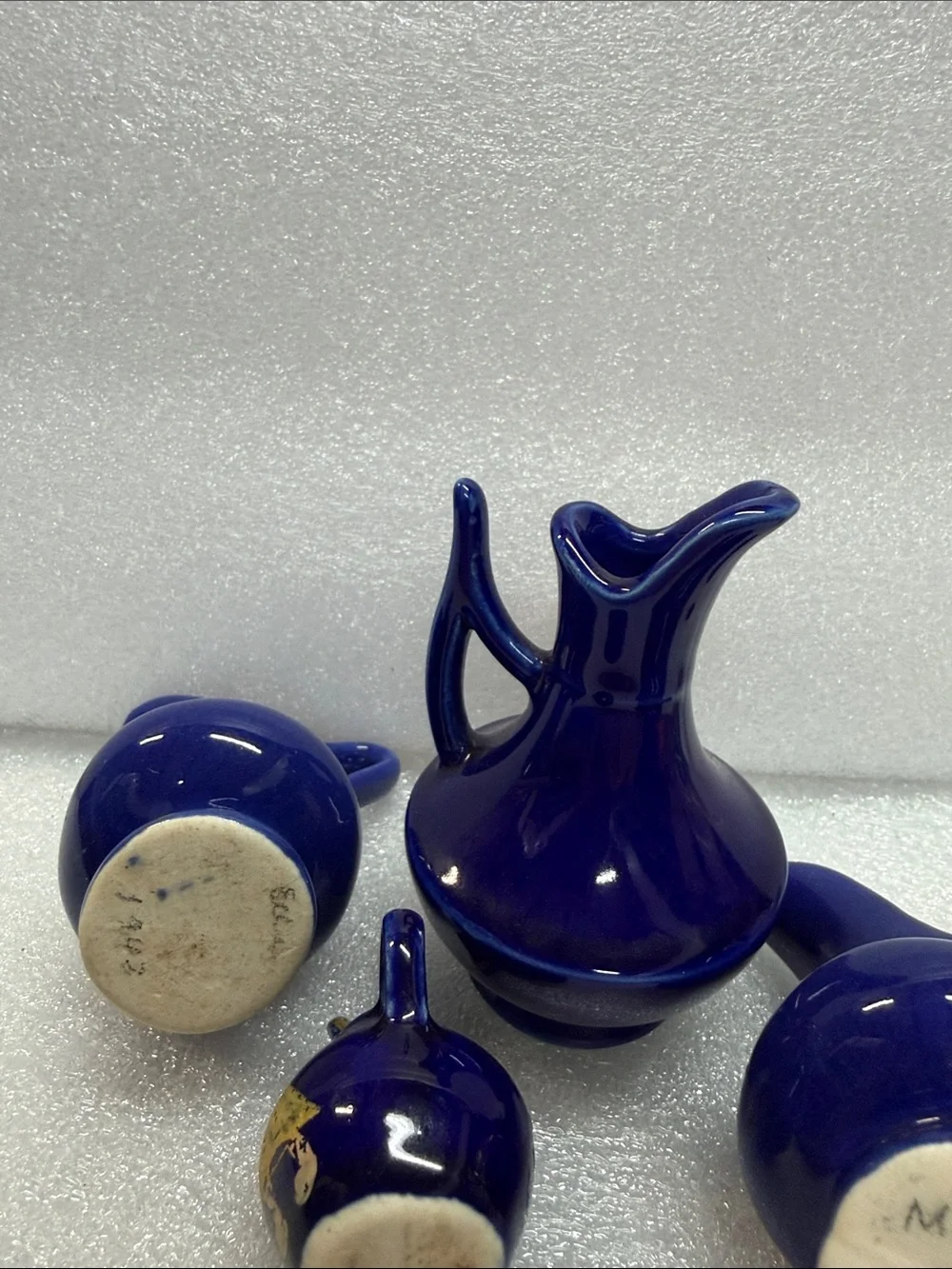 Set of 4 Miniature Cobalt Blue Porcelain Pitchers Vintage Vase Decor